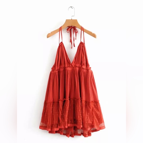 NEW Boho Plunge Strappy Halter Dot Ruffle Mini Dress Rust Orange - Picture 9 of 11